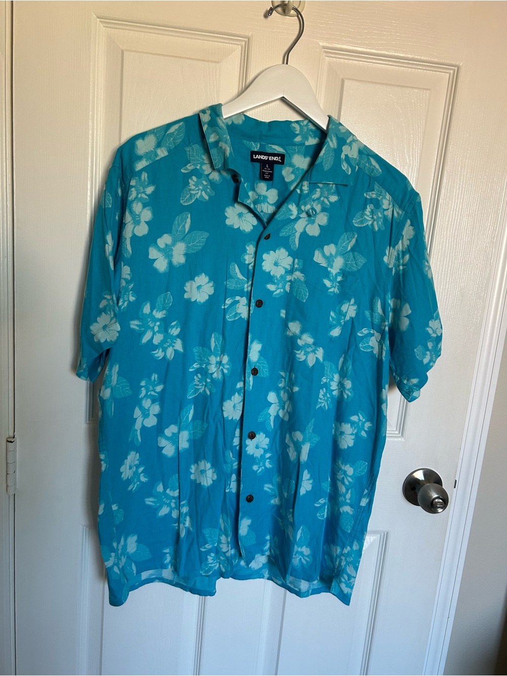Lands' End Turquoise Floral Short-Sleeve Button-Up Shirt